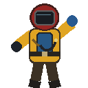 An astronaut in a yellow space suit and red helmet performs a rhythmic dance.