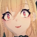 Anime girl with blonde hair and pink eyes giving a mischievous, smug smirk.