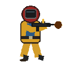 An astronaut in a yellow suit and red helmet walks forward while holding a black blaster.
