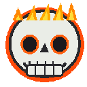 Four identical pixelated skulls with wide grins and orange flames on their heads arranged in a horizontal row.