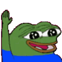 Pepe the Frog with wide eyes waving his hand in a friendly greeting.