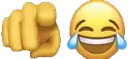 A yellow index finger pointing to the right next to a yellow face laughing with tears.