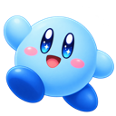 A round blue character with a happy expression waving its hand.