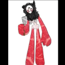 A surreal creature with a white mask and black hair holding a phone, wearing a long body made of raw red meat.