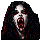 A female vampire with glowing red eyes and blood-stained fangs hissing aggressively.