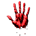 A pixelated red handprint centered on a solid black background.