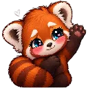 Red panda with large blue eyes and rosy cheeks waving its paw in a friendly gesture.