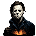 Masked man with a white mask and burning chest tilts his head in a contemplative manner.