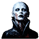 A pale humanoid figure with dark eyes and blood dripping from their mouth looking in various directions.