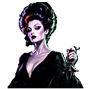 Gothic woman with dark hair and red accents looking stoic while holding a small object.