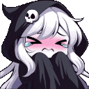A cute anime reaper girl with white hair and a skull hoodie crying with tears streaming down her face.