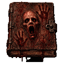 A leather-bound book with a screaming face on the cover, featuring glowing red eyes and blood-stained handprints.
