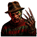 Freddy Krueger wearing a fedora and striped sweater holds up a bladed glove with a menacing expression.