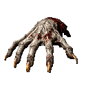 A pale, blood-stained monster hand with long, sharp yellow claws reaching forward.