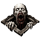 A pale, fanged zombie with blood on its mouth claws through a wooden frame.