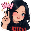 Anime girl with black hair winking and holding up a peace sign with her hand.
