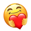 Yellow smiley face with a content expression hugging a large red heart with both hands.
