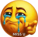 Yellow emoji face with tears streaming down its cheeks pointing a finger forward with the text MISS U below.