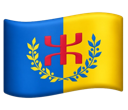 Flag with a blue and yellow background featuring a red symbol and a green laurel wreath waving.