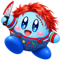 Kirby character dressed as Chucky with red hair and overalls holding a bloody knife while smiling.