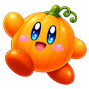 A round, orange pumpkin character with a happy expression and blue eyes.