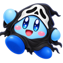 Kirby wearing a black hooded ghost mask with a white face plate, looking happy.