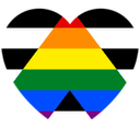 A geometric chevron shape filled with a rainbow gradient against a black and white striped background.
