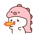 A white character wearing a pink dinosaur onesie breathes a stream of fire and then makes a calm, innocent face.