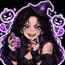 A young witch with long black hair and a pointed hat grinning mischievously while holding a glowing purple potion bottle.