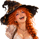 A red-haired woman wearing a black witch hat laughing joyfully with her mouth wide open.