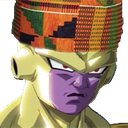 A golden-skinned alien with a purple face wears a colorful patterned cap and stares with a suspicious, serious expression.