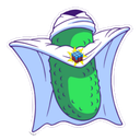 A green cucumber wearing a white superhero cape and a small blue cube badge.