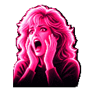 Woman with wide eyes and open mouth holding her face in shock, rendered in neon pink and black.
