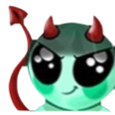 A small green creature with red devil horns and a tail, smiling with a mischievous expression.