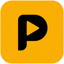 Letter P with a triangular play button cutout inside a yellow rounded square.