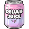Drink can with a pink and purple gradient featuring the text Delulu Juice and two small hearts.