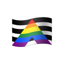 A waving flag with black and white horizontal stripes and a large rainbow-colored triangle in the center.