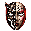 A split mask with a dark, horned demonic side on the left and a cracked, pale porcelain face on the right.