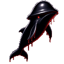 A black whale with glowing red eyes dripping a red substance.