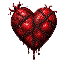 A red heart with black stitches across its surface and blood dripping from the bottom.