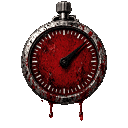 Four pixel art stopwatches with red faces and black hands, each dripping with blood.