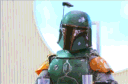 A bounty hunter in green armor performs a finger gun gesture as a green PEW text bubble appears.