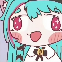 Anime girl with teal hair and sparkling pink eyes making a wide, mischievous, smug grin.