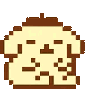 Four identical pixelated dogs with brown berets and closed eyes arranged in a horizontal row.