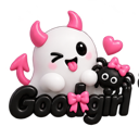 A cute white ghost with pink horns winking and sticking its tongue out, holding a small black spider with a pink bow.