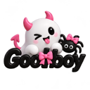 A white devil character with pink horns winking and sticking its tongue out next to a small black spider wearing a pink bow.