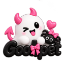 A white ghost with pink devil horns and a pink bow winking, holding a small black spider with a pink bow.
