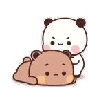 A white and black panda bear playfully pouncing onto the back of a relaxed brown bear.