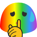 A rainbow-colored blob character making a shushing gesture with one hand while a blue sweat drop appears on its face.