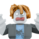 Roblox character with orange hair and a gray shirt looking shocked with wide eyes and an open mouth.
